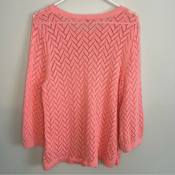 Talbots Womens PINK Open-Knit Chevron Pullover Linen Blend Sweater Sz L 3/4 Slee - Picture 9 of 11